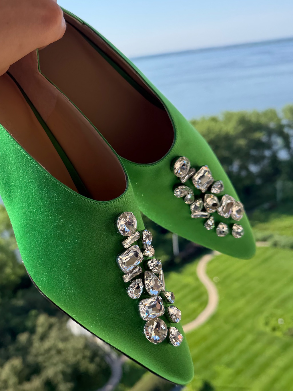 Kiki Price Green Satin Crystal Embellished Kitten Heels - Size 9